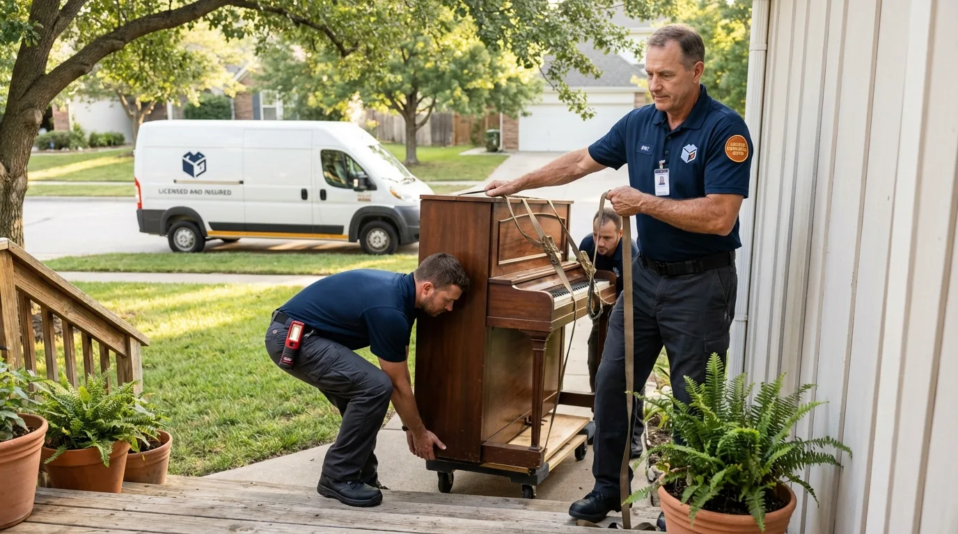 Licensed piano movers securing grand piano in Midland, MI